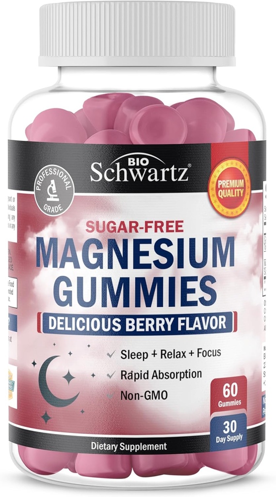 BioSchwartz Sugar Free Magnesium Gummies (30 сервий) Berry Flavored Magnesium Citrate Supplement поддерживает здоровое нервное настроение и сон (веганский безопасный, не ГМО, 60 гумми)