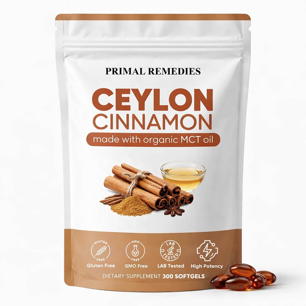 Primal Remedies Ceylon Cinnamon - 300 Softgels with MCT Oil, Highly Bioavailable, Non-GMO, Gluten Free, Vegan Capsules for Metabolism Support