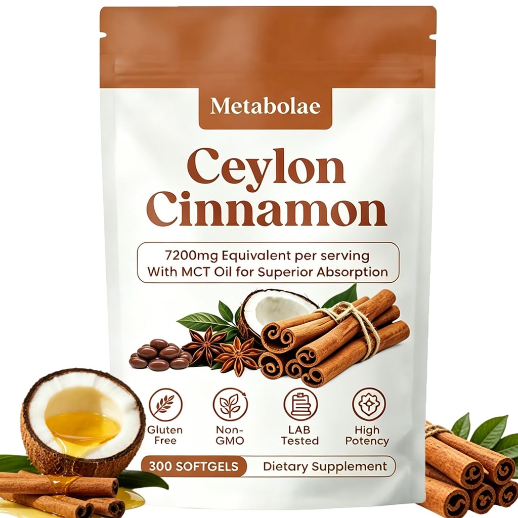 Metabolae Ceylon Cinnamon Extract Capsules with MCT Oil, 300 Softgels, 12:1 High Potency Extract, True Cinnamon Supplements, Non-GMO & Gluten Free, Easy-to-Swallow, Vegan Friendly