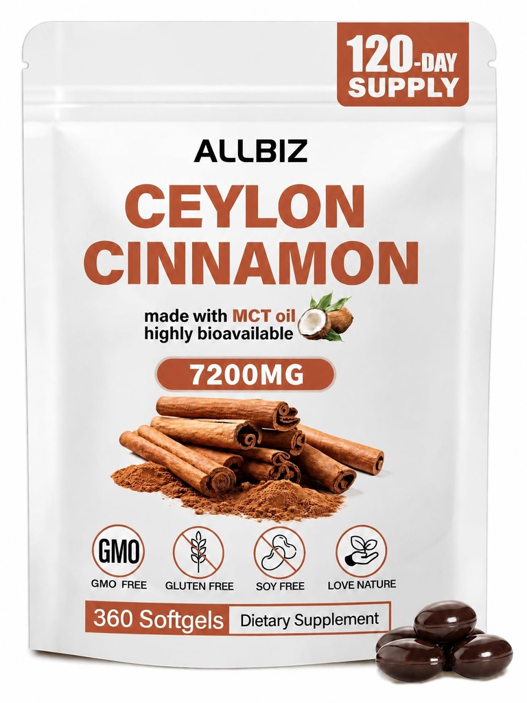 ALLBIZ Ceylon Cinnamon Softgels 360 Count with MCT Oil, Sourced from Sri Lanka, Low Coumarin Formula, Easy-to-Absorb Cinnamon Extract, Non-GMO & Gluten Free Capsules for Daily Wellness