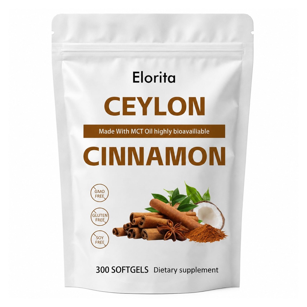 Elorita Ceylon Cinnamon Softgels with MCT Oil, Gluten Free, 300 Softgels