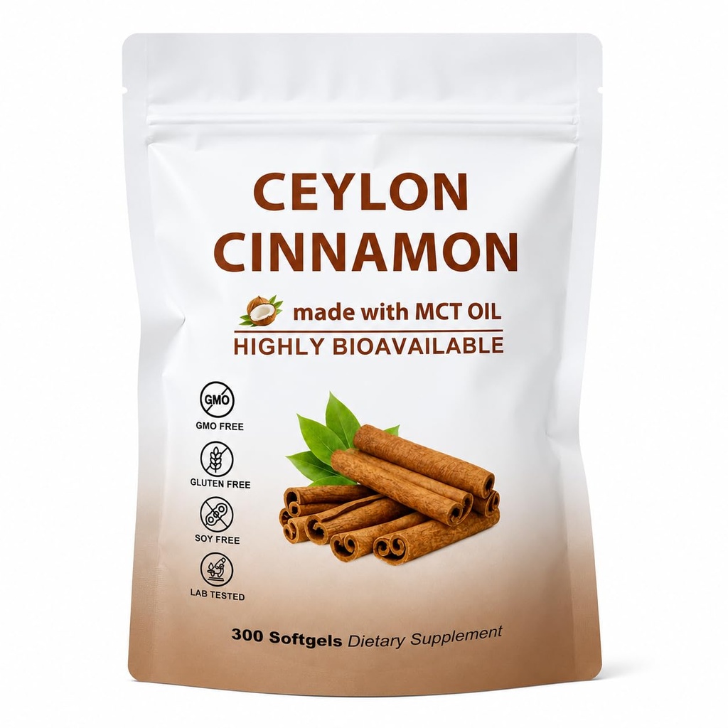 2-in-1 Organic Ceylon Cinnamon with MCT Oil Supplements Softgels, 300 Day Supply, Liposome Highly Bioavailable Extract, Energy & Metabolism Support, Non-GMO, Gluten Free, 300 Large Granule Softgels