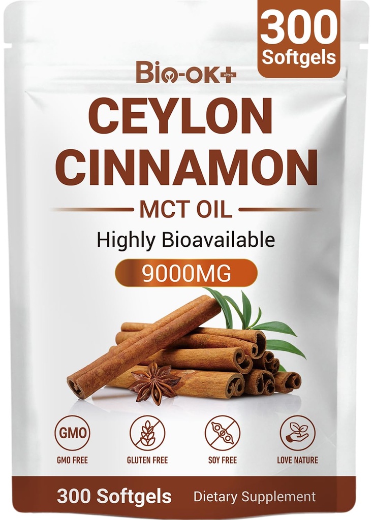 Ceylon Cinnamon Softgels with MCT Oil, Herbal Cinnamon Extract Supplements Highly Bioavailable, Non-GMO, Gluten Free, 100 Day Supply, 300 Softgels