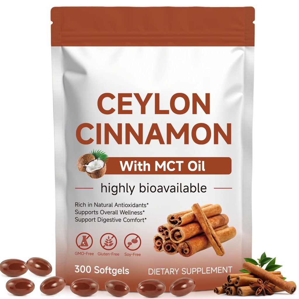 Ceylon Cinnamon with MCT Oil Capsules | 300 Softgels Ceylon Cinnamon Supplements - Natural Antioxidant, Supports Overall Wellness & Digestive Comfort