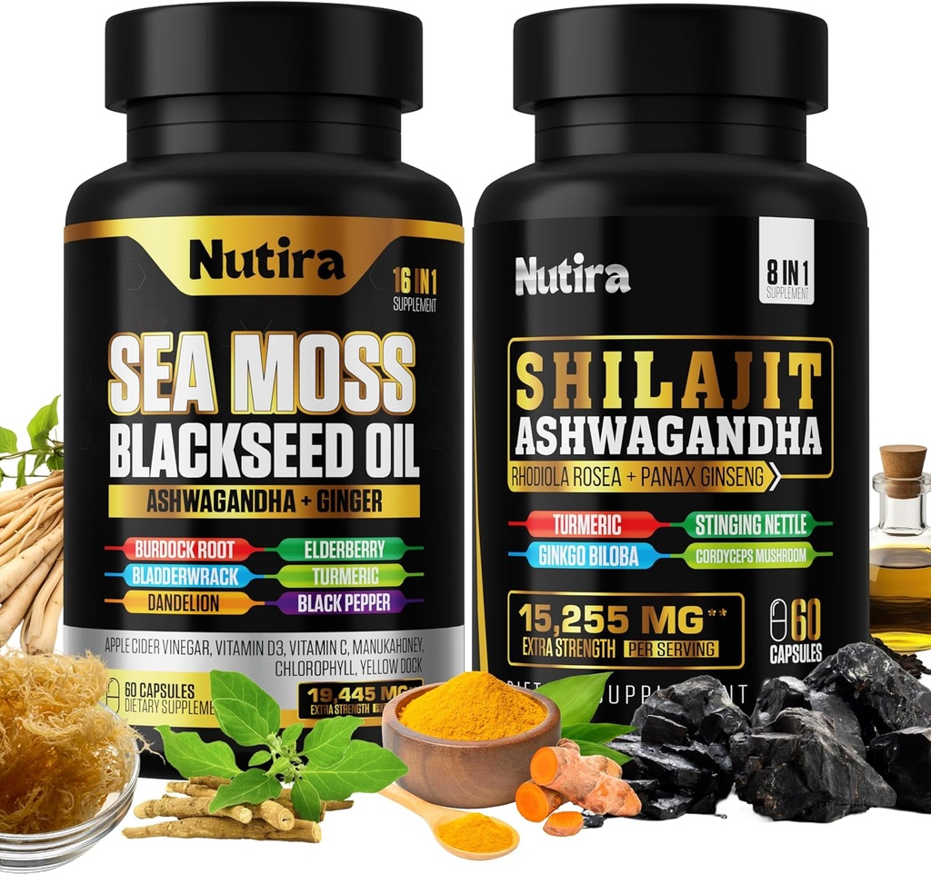 Sea Moss & Shilajit Multivitamin Bundle - Sea Moss 7000mg, Shilajit 9000mg, Black Seed Oil 4000mg, Ashwagandha 2000mg, Ginger & Rhodiola Rosea 1000mg, Alle in 1 Beilagen (60 Count) (1 Pack)