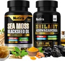 Moss & Shilaj Multivitamine Bundle - Sea Moss 7000mg, Shilajit 9000mg, Black Seed Oil 4000mg, Ashwagandha 2000mg, Ginger & Rhodiola Rosea 1000mg, Toate în 1 Suplimente (60 Count) (1 ambalaj)