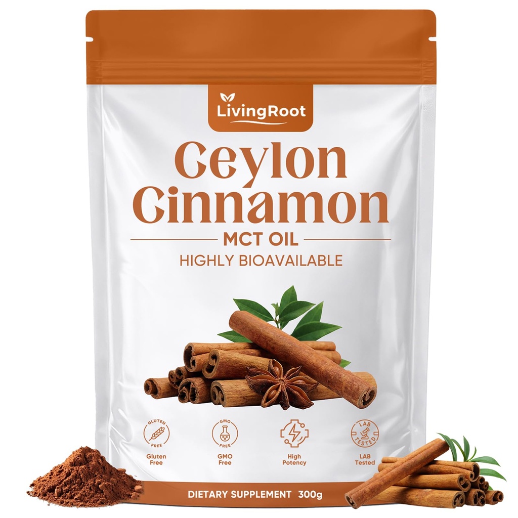 Living Root Ceylon Cinnamon Powder - Ceylon Cinnamon Powder Organic with Mct Oil, Gluten Free, Non-GMO, Ceylon Premium Quality 10.5oz