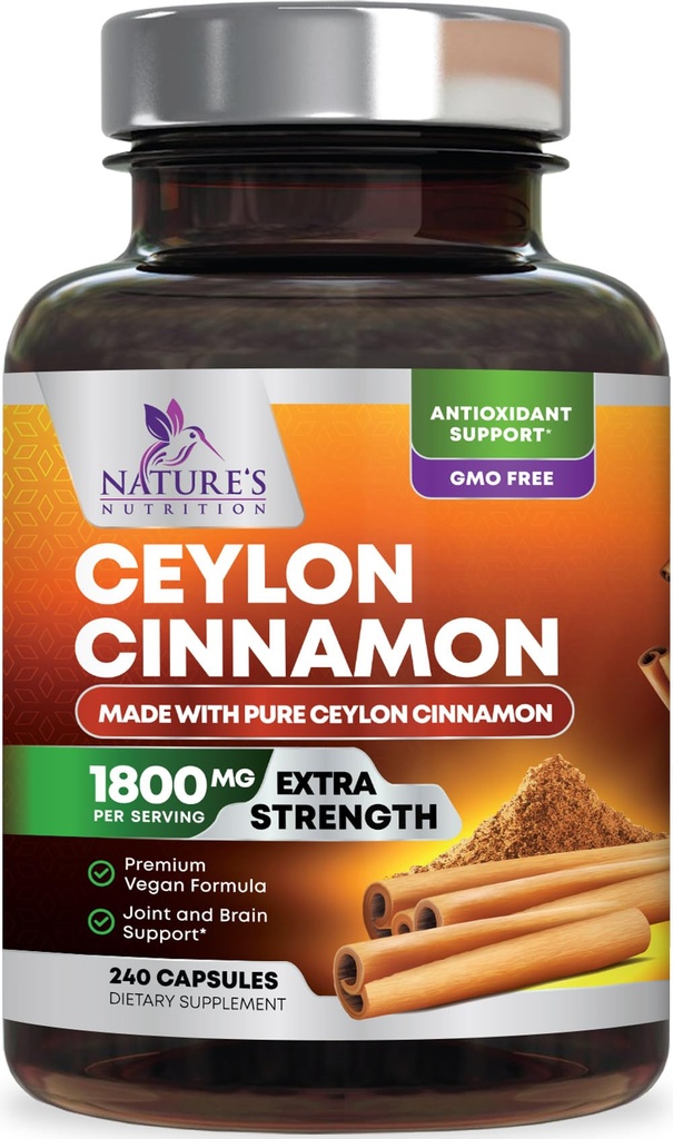 Organic Ceylon Cinnamon Capsules - Extra Strength Certified Organic Ceylon Cinnamon Supplement 1800mg Per Serving - Energy & Heart Support Antioxidant Pill for Women & Men, Bottled USA - 240 Capsules