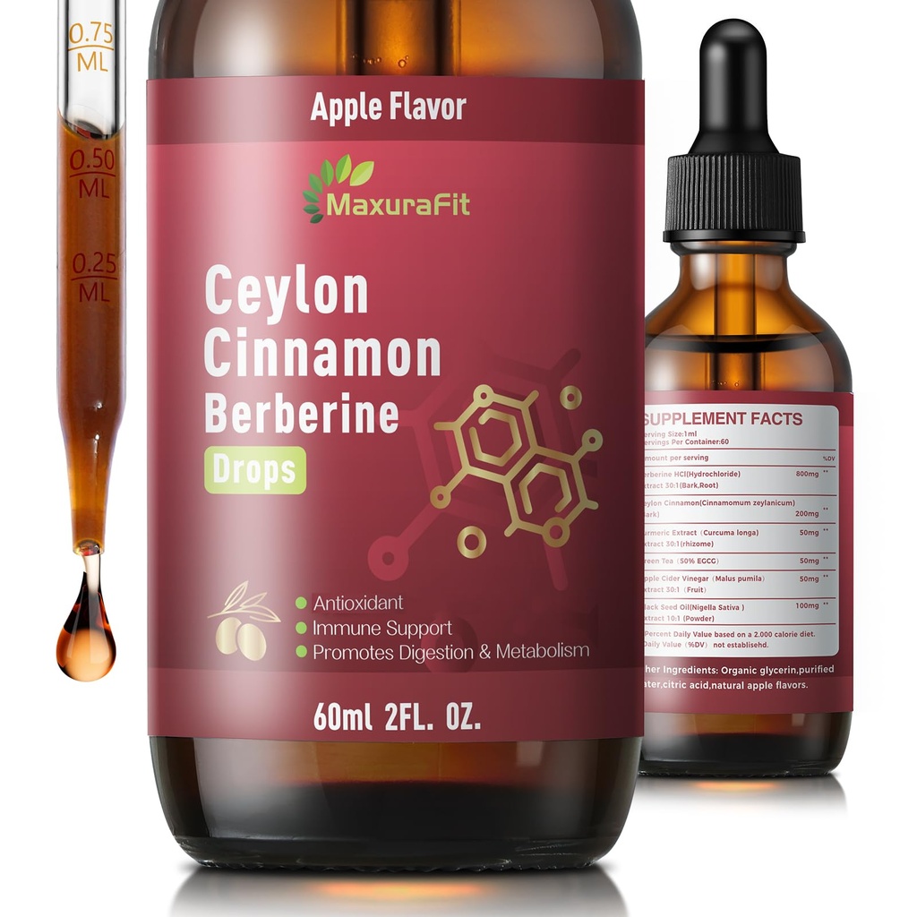 Ceylon Cinnamon Berberine Bitter Liquid Drops Supplement with Turmeric,Green Tea,Apple Cider Vinegar,Black Seed Oil for Immune System & Digestive System Supports 2 FL OZ