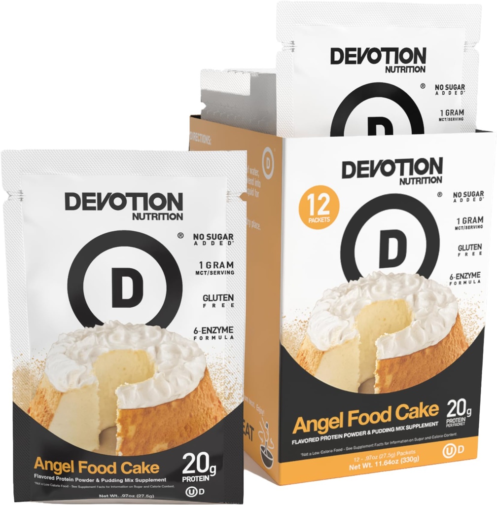Devotion Nutrition Angel Food Cake Protein Powder for Shakes, Baking, Pancakes, Desserts – 20g Whey Isolate & Casein Blend – No Added Sugar, Low Carb, Gluten-Free, Keto-Friendly with MCT – 12 Packets