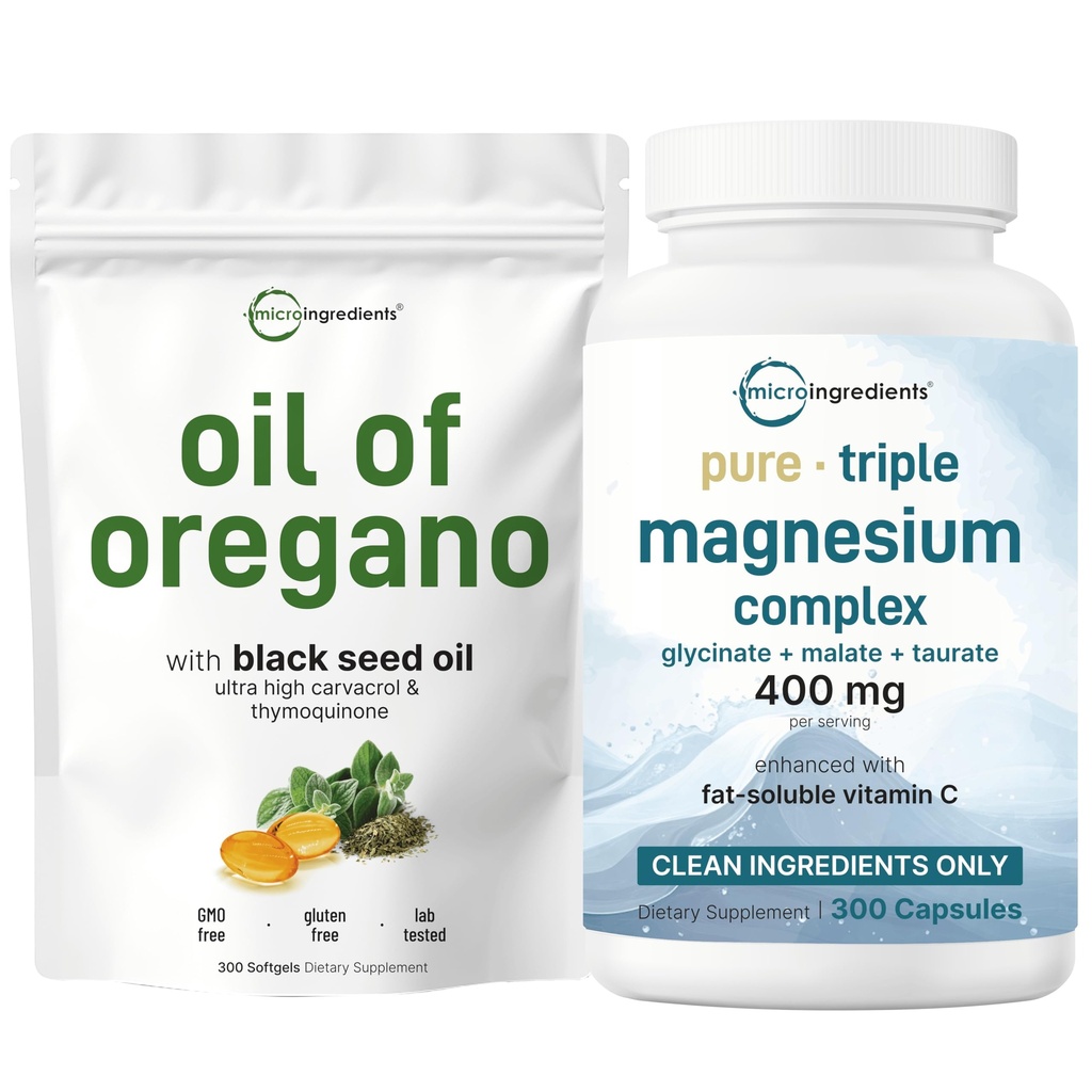 Micro Ingredients Oil of Oregano Softgels & Pure Triple Magnesium Complex 400mg Capsules | 2 Pack Bundle | 4X Strength Thymoquinone with Black Seed | Glycinate, Malate, & Taurate Forms
