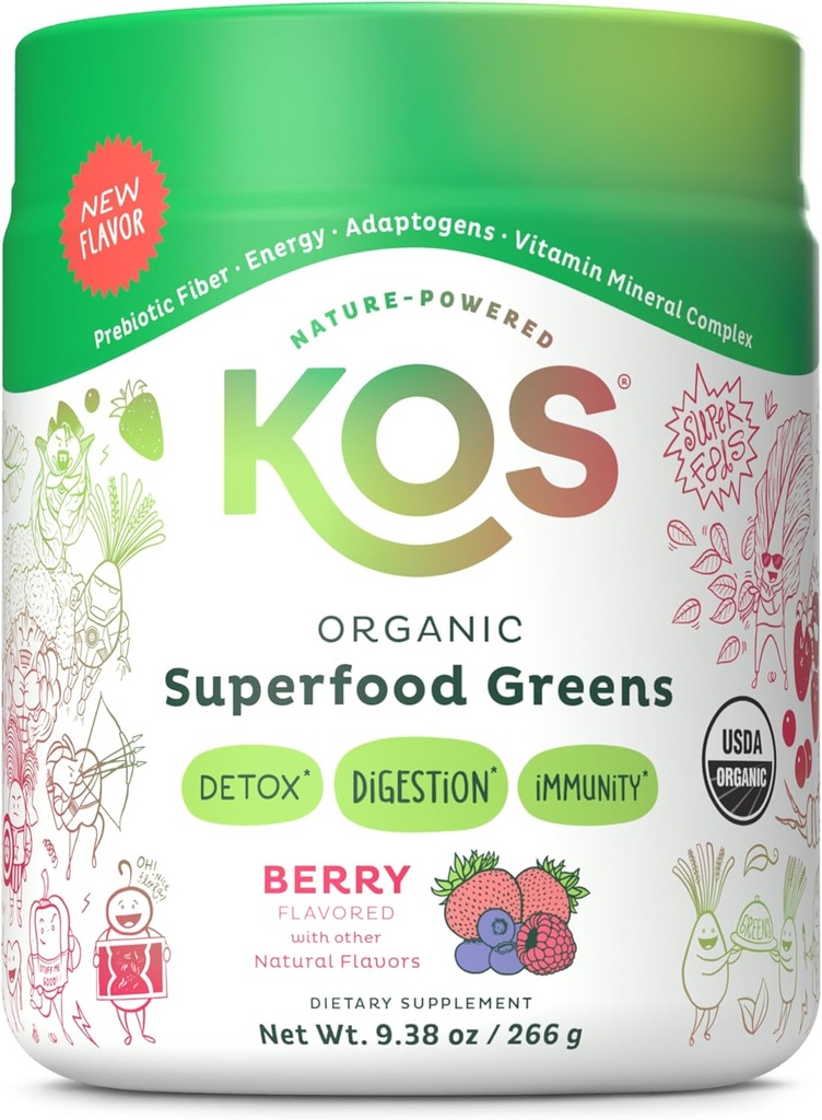 KOS Organic Superfood Greens Powder - Gut Helse fra Prebiotic Fiber, Supergreens og Adaptogens - USDA sertifisert økologisk, laget i en GMP-sertifisert fasilitet - 28 Serverer Berry