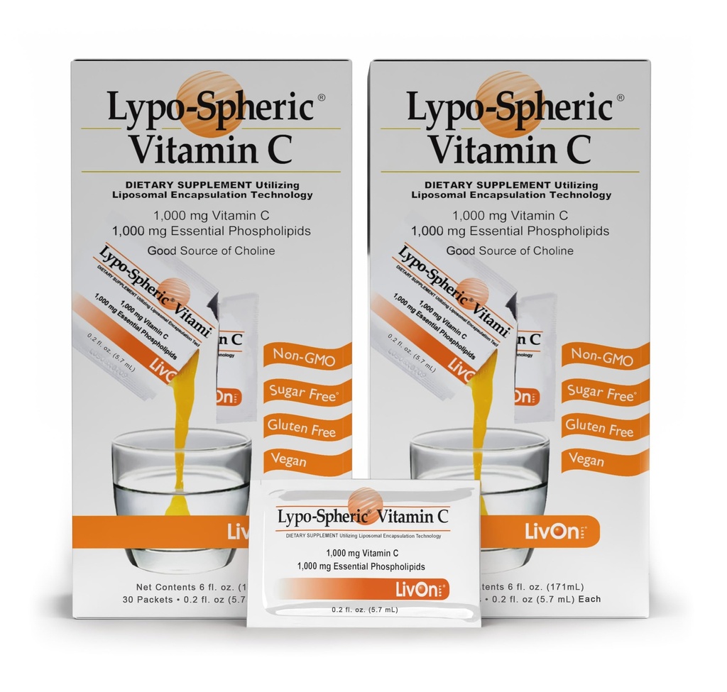LivOn Laboratories - Lypo–Spheric Vitamin C – 1,000 mg Vitamin C & 1,000 mg Essential Phospholipids Per Packet – Liposome Encapsulated for Improved Absorption – Non–GMO - 2 Pack (60 Count)