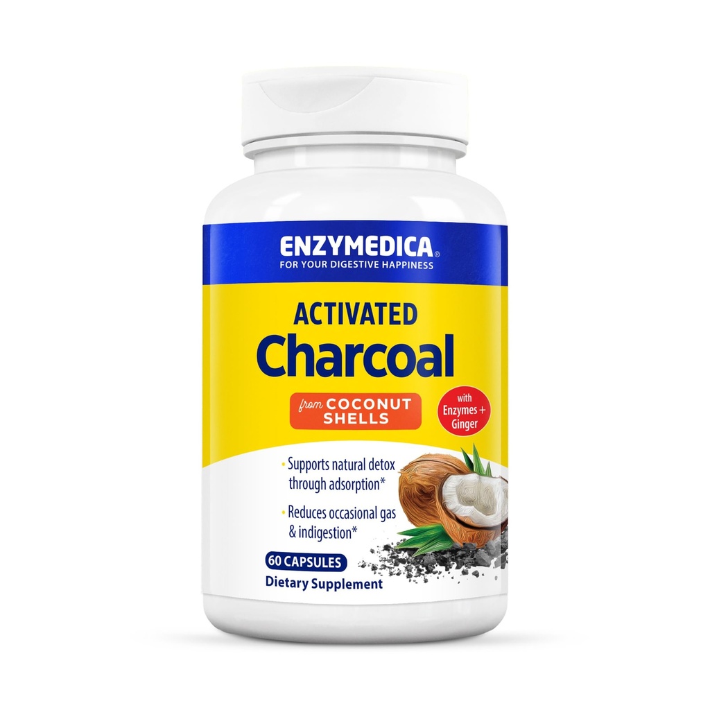Enzymedica Activated Charcoal from Coconut Shells - Activated Charcoal Pills for Men & Women, Helps Reduce Occasional Gas, Bloating & Indigestion, Natural Cleanse Support for Adults, Vegan - 60 Caps
