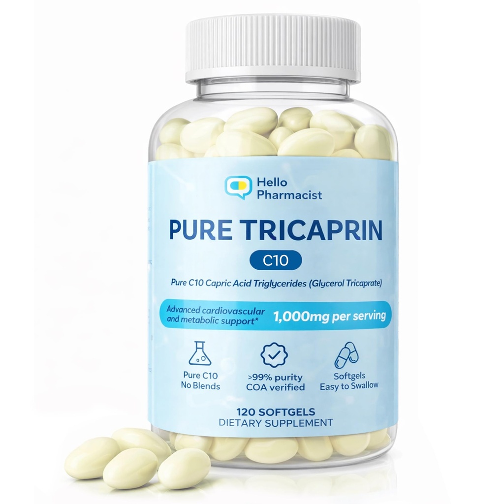 100% Pure Tricaprin C10 MCT Oil Softgels - Advanced Heart, Cardiovascular & Cellular Support - Capric Acid Triglycerides (Glycerol Tricaprate) - 1g Serving - Pure C10 MCT Oil - No C8, C12-120 Count