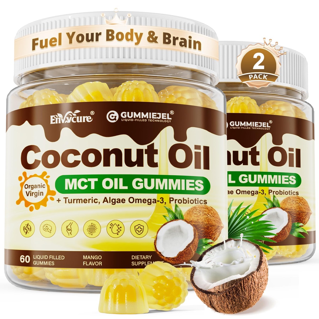 MCT Oil Organic Gummies + Coconut Oil + Omega-3 + Turmeric + Ginger + Probiotics - Virgin Coconut Oil, Optimized C8 & C10 for Ketosis, Brain, Body Fuel & Digestion, Sugar-Free, 120 Cts