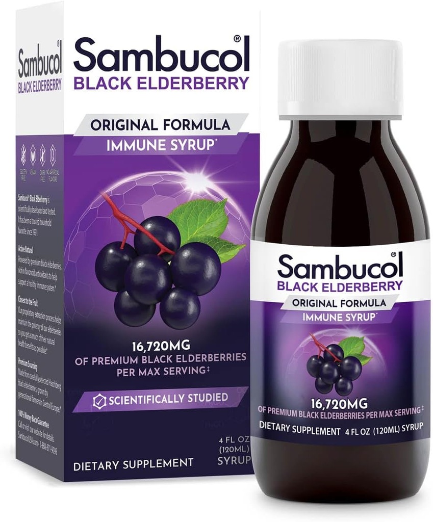 Sambucol Black Elderberry Syrup - Sambucus Elderberry Syrup, Black Elderberry Liquid, Immune Support, Elderberry Syrup für Kinder und Erwachsene, High Antioxidants, Gluten Free - Original Formula, 4 Fl Oz