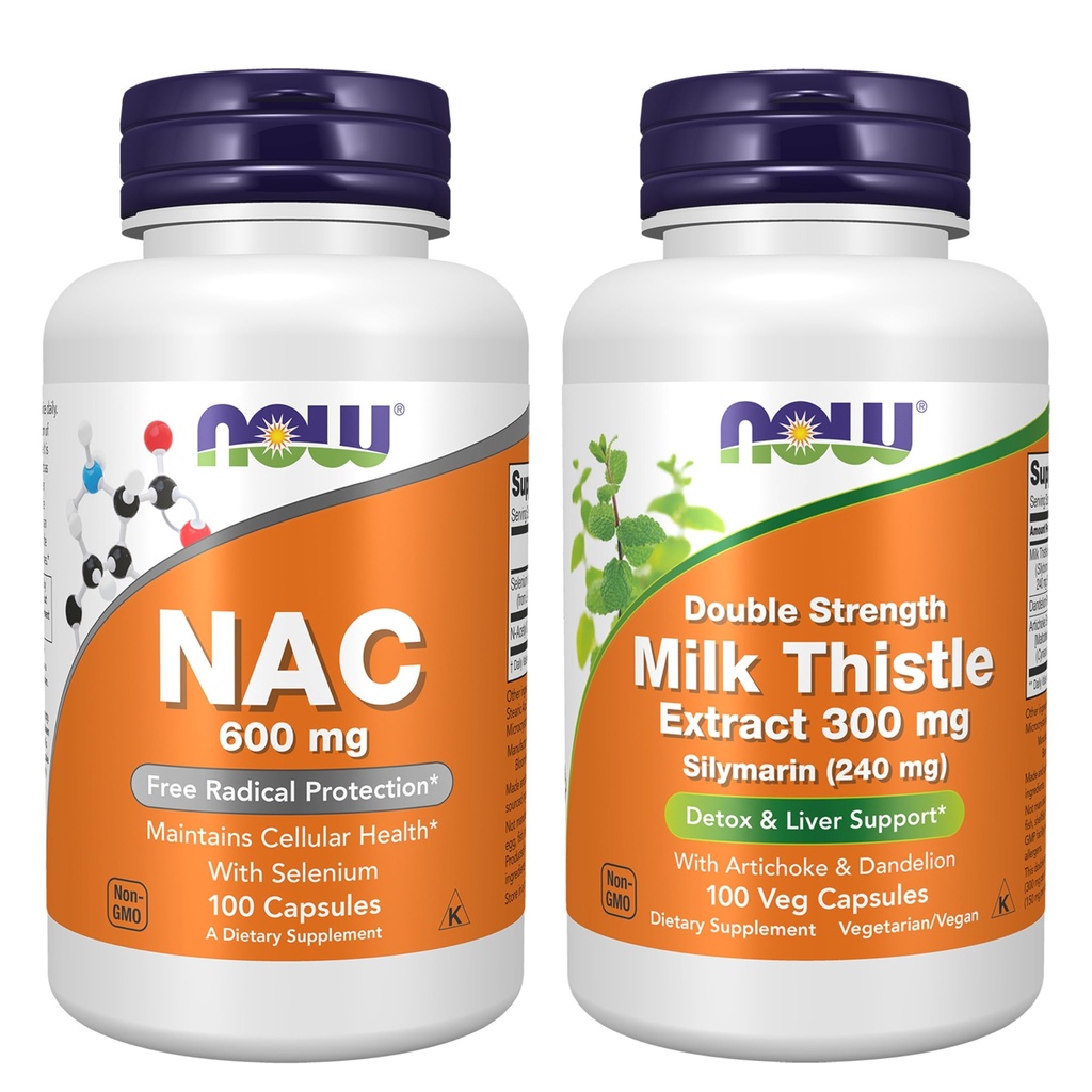 NOW Foods Supplements, NAC (N-Acetyl Cysteine) 600 mg with Selenium, 100 Capsules with Now Supplements, Silymarin Milk Thistle Extract 300 mg with Artichoke and Dandelion,100 Veg Capsules