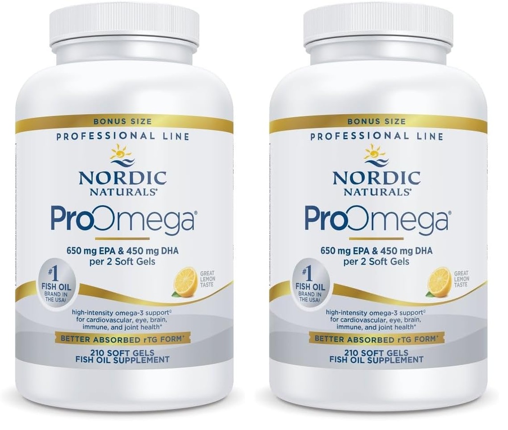 Nordic Naturals ProOmega, Lemon Flavor - 210 Soft Gels - 1000 mg Omega-3 - High-Potency Fish Oil with EPA & DHA - Promotes Brain, Eye, Heart, & Immune Health - Non-GMO - 105 Servings (Pack of 2)