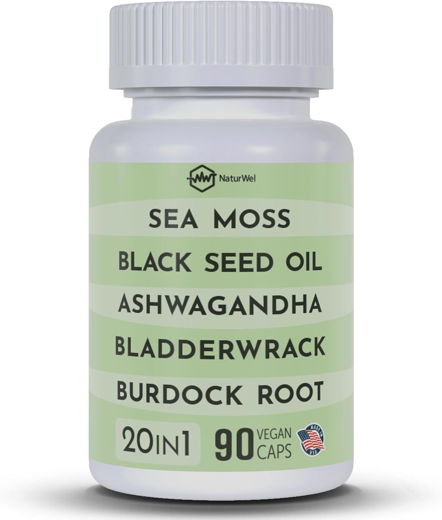 Óleo de semente preta 3000mg Moss 3000mg Ashwagandha 1000mg Burdock 1000mg Burdock 1000mg Bladderwrack 1000mg & Elderberry Manuka Clorophyll Dandelion Yellow Dock - (90 Cápsulas Pacote de 1)