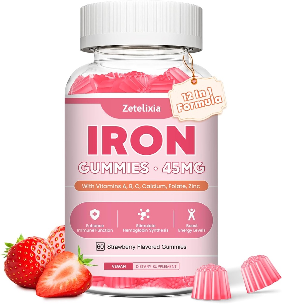 여성 및 남성, 빈혈, 혈액 빌더 및 에너지 지원을위한 Vegan Iron Supplement Gummies 비타민 C, A, B Complex, Folate, CoQ10, Sugar Free, Non-GMO, 60 카운트