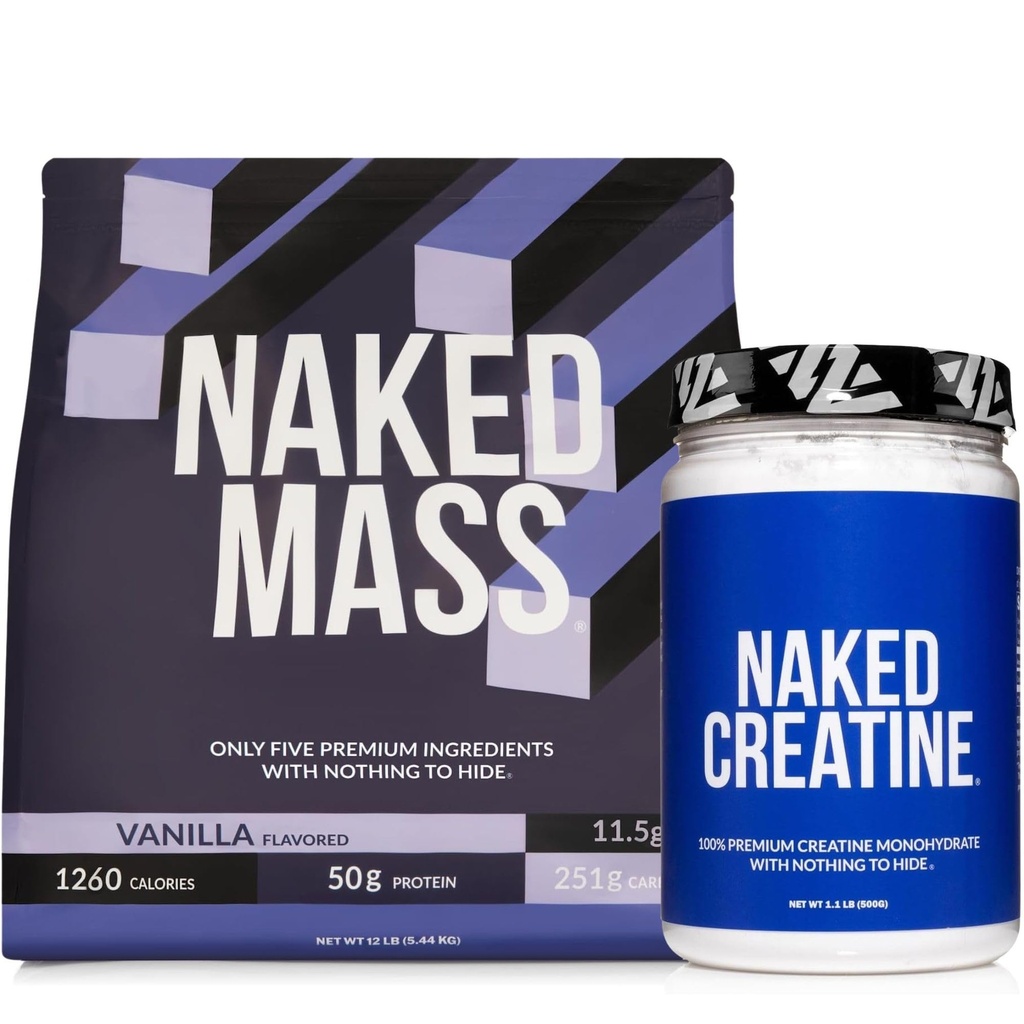 NAKED Vanilla Mass Gainer 12LB (17 Servings) Pure Micronized Creatine Monohydrate 500g (100 Servings) – Bulk; Non-GMO; Gluten Free; Soy Free; Unflavored