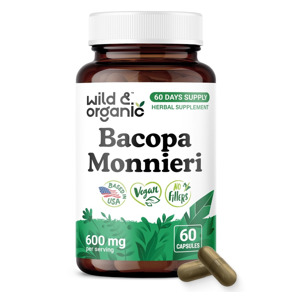 Wild & Organic Bacopa Capsules 600 mg - Brain Support - Natural Bacopa Monnieri Supplement - Brahmi Capsules - 60 Days of Supply - Vegan, No Fillers, Non-GMO - 60 Count