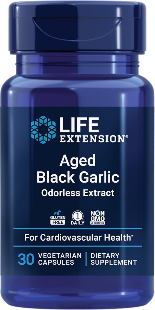 Extensión de vida Aged Black Garlic, Heart Health Support, Blood Pressure Health Support, Cholesterol Health Support, Once-Daily, Gluten Free, Vegetarian, Non-GMO, 30 cápsulas
