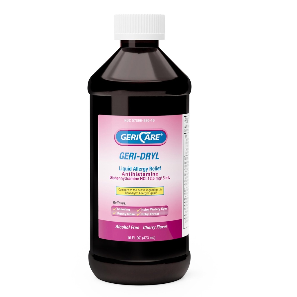 GeriCare Geri-Dryl Diphenhydramine HCI Solution - Antihistamine Liquid Multi-Symptom Allergy Relief Formula - Relieves Sneezing Runny Nose, Watery, Itchy Eyes & Throat, 16 FL OZ (Pack of 1), Red