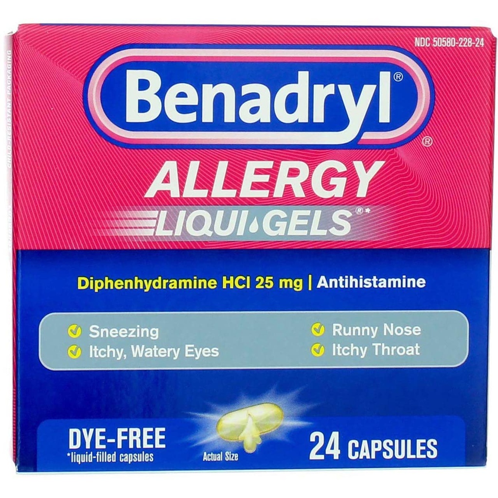Benadryl Liqui-Gels Antihistamine Allergy Medicine & Cold Relief, Dye-Free Liquid Gels, 24 ct ( Pack of 6)