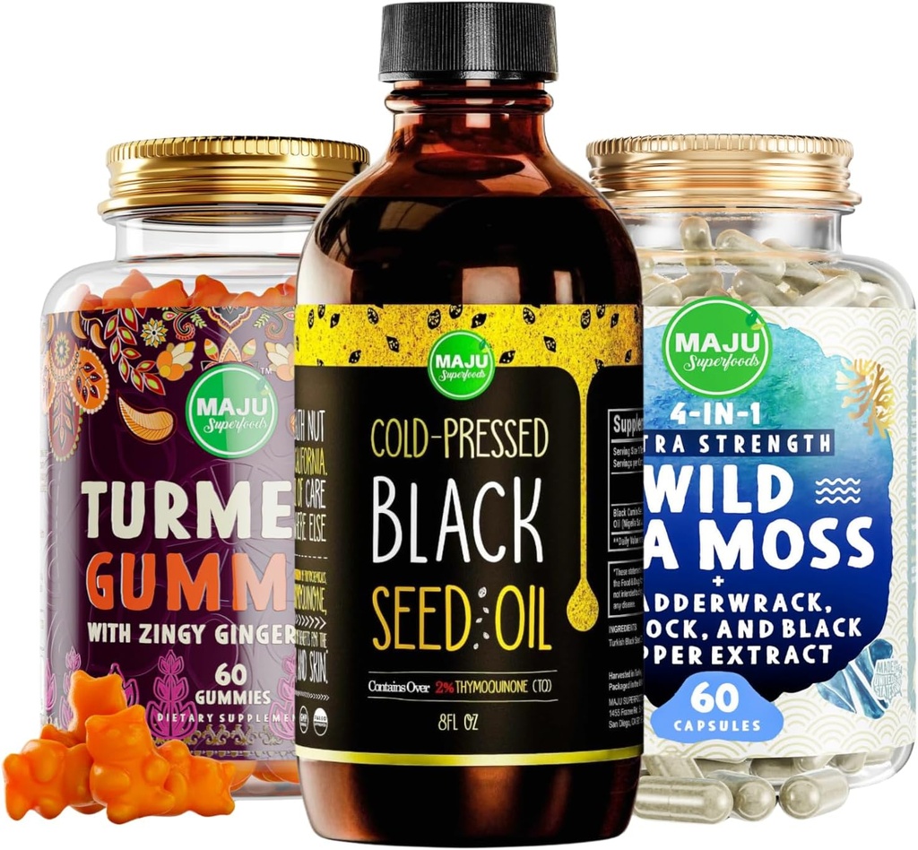Maju Superfoods Black Seed Oil, 4-in-1 Sea Moss Capsules und Turmeric Curcumin Ginger Gummies Bundle