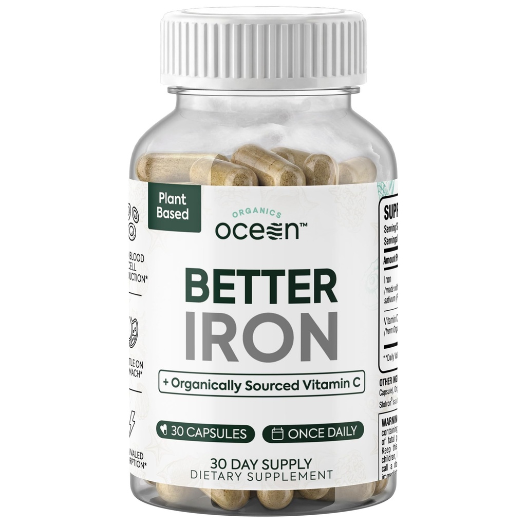 Organics Ocean Better Iron Supplement with Vitamin C - Plant-Based Fermented Pea Formula - Supports Iron Absorption, Energy & Vitality - Gentle on the Stomach, Vegan, Non-GMO - 1 Pack