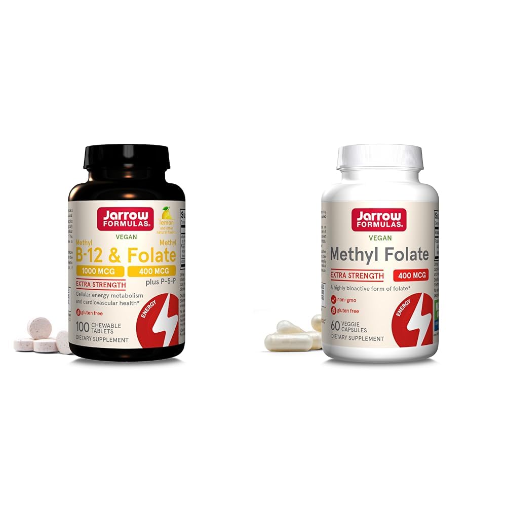 Jarrow Formulas Methyl B-12 1000 mcg & Methyl Folate 400 mcg Chewable Tablets and Methyl Folate 400 mcg Veggie Capsules Bundle for Cellular Energy, Cardiovascular and Neurologic Support