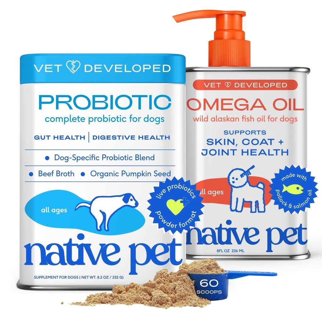 Native Pet Omega 3 Fish Oil for Dogs 8Oz & Probiotics for Dogs 8.2Oz Powder Food Topper - Fish Oil & Dog Probiotic Powder - Supports Skin, Coat, Gut Health, Heart & Digestion - Vet Formulated