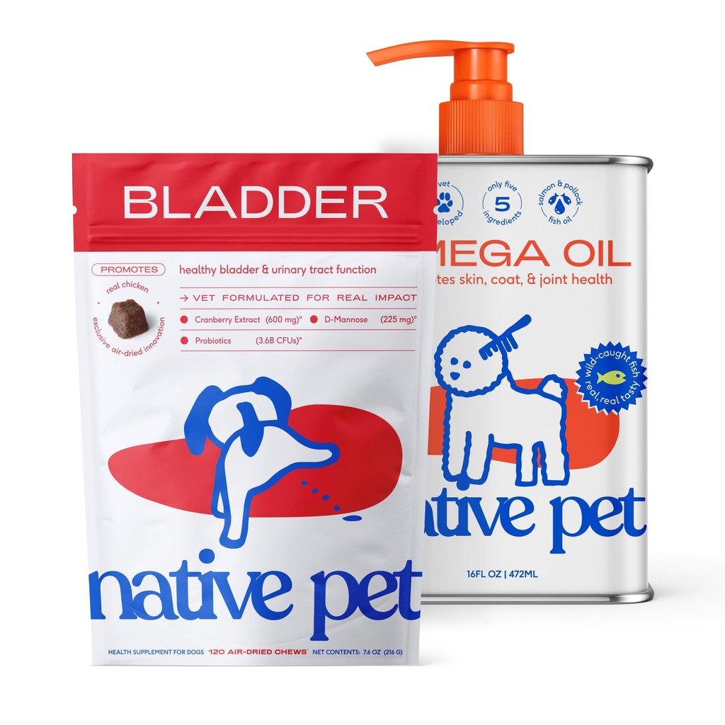 Native Pet Urinary & Omega Wellness Bundle: Bladder Chews for Dogs (120 Air-Dried Chews) & Omega Oil for Dogs (16 Oz) - UTI Treatment & Prevention + Fast-Absorbing Omega 3 6 9 Supplement