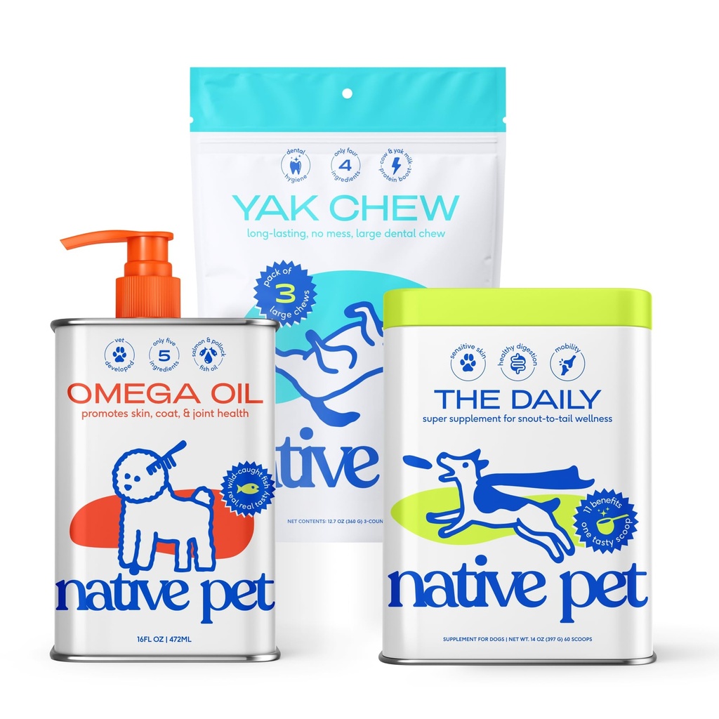 Native Pet Health & Wellness Bundle – 3 Large Yak Chews for Dental Health, 14 Oz. Daily Multivitamins for Immunity & 8 Oz. Omega-3 Fish Oil for Coat & Heart Support