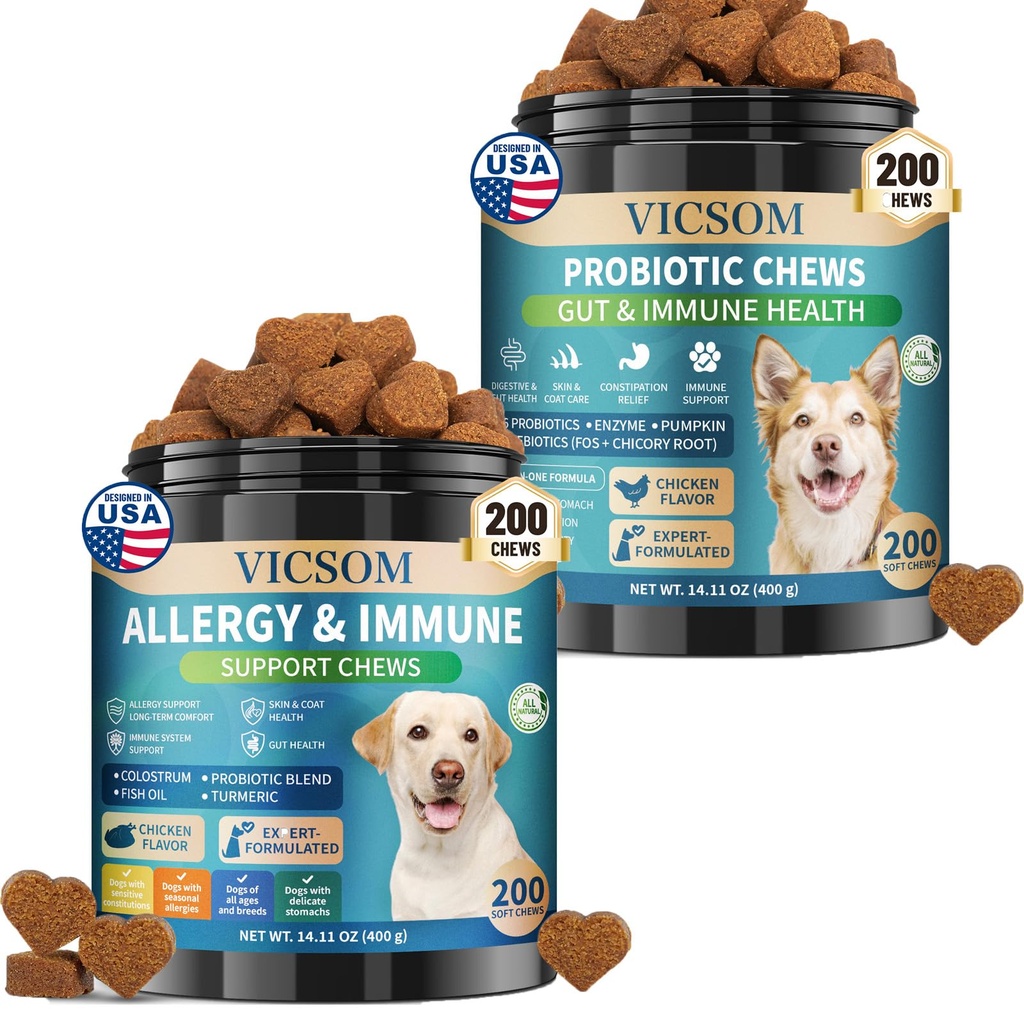VICSOM Dog Allergy Relief & Probiotic Chews Bundle, 200 Count Each - Chicken Flavor Soft Chewswith Probiotics, Omega-3, Colostrum & Digestive Enzymes for Skin, Coat & Gut Support