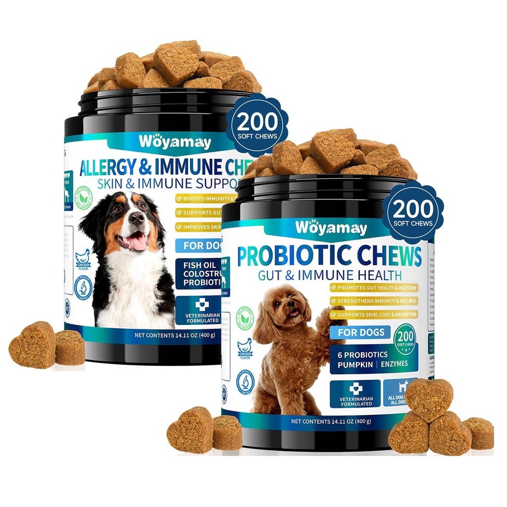 Dual-Action Dog Probiotics & Allergy Relief Chews - 200 Soft Treats for Gut Health, Itchy Skin, Diarrhea & Gas with Probiotics, Omega 3, Turmeric, Colostrum | Immune & Coat Support for Dogs