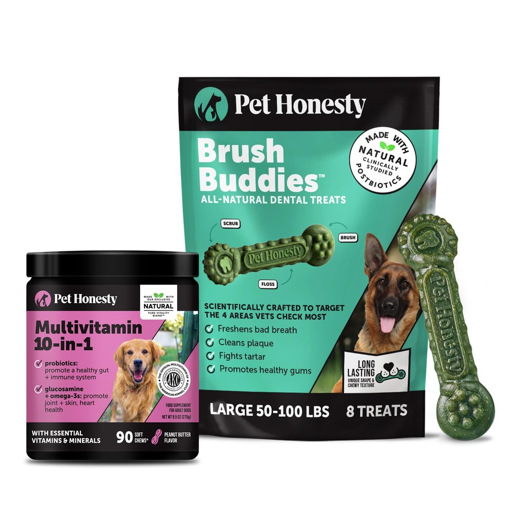 Pet Honesty Dog Wellness Virtual Bundle – 10-in-1 Multivitamin Supplement (Peanut Butter, 90 Ct) + Brush Buddies Dental Sticks for Large Dogs (8 Ct) – Daily Health & Dental Support