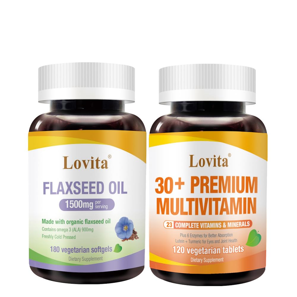 Lovita Cold-Pressed Flaxseed Oil & Premium Multivitamin for Adults 30+ Nutrients Bundle (Vegetarian)