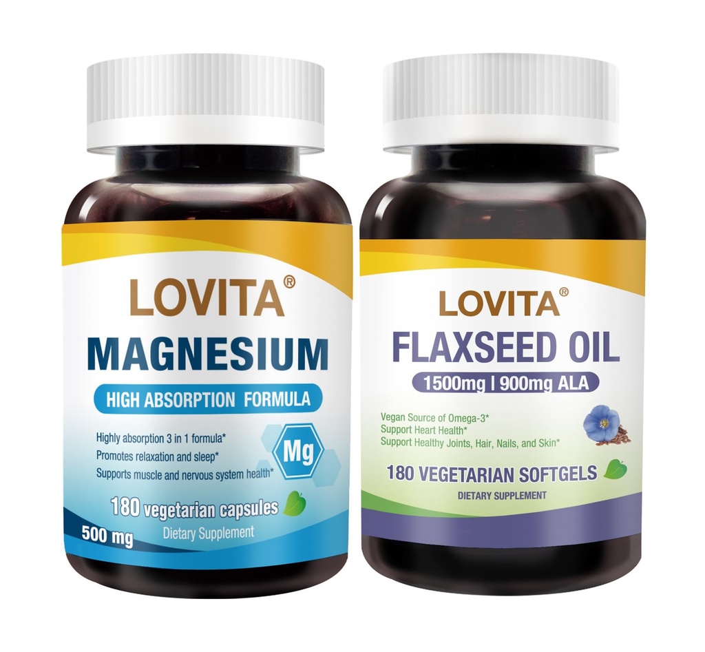 LOVITA Cold-Pressed Flaxseed Oil softgel + Magnesium 800 Tablets Nutrient Bundle