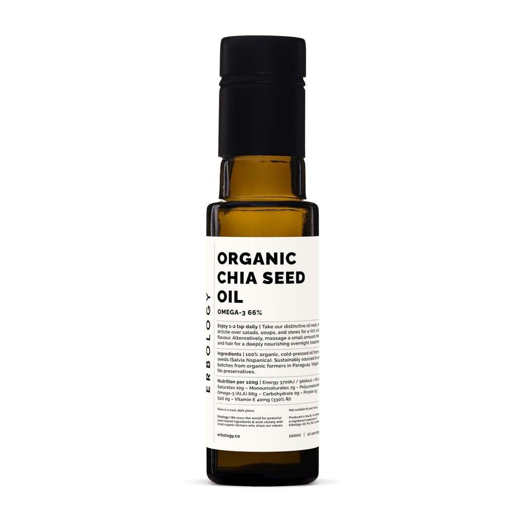 Erbology Organic Chia Seed Oil 3.4 fl oz - Cold-Pressed - Rich in Omega-3 (66%) and Vitamin E (330% RI) - No Additives or Preservatives - Sustainably Sourced - Vegan - GMO-Free