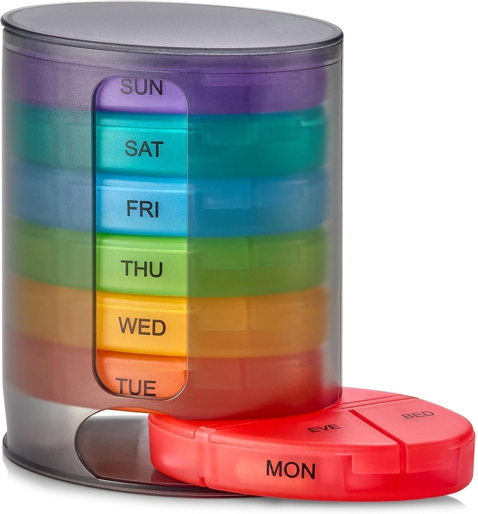 MEDca Weekly Pill Organizer, 1 Dipenser, 7 Stackable Multi- Color Compartments Four Times- a- Day - Morning, Noon, Evening, and Bedtime, Black