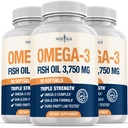 Triple Strength Omega 3 Fish Oil 3750 mg - EPA & DHA - Over 3000mg Omega-3 Fatty Acids - 1350mg EPA + 900mg DHA - Best Essential Fatty Acids, Burpless Fish Oil - 270 Count