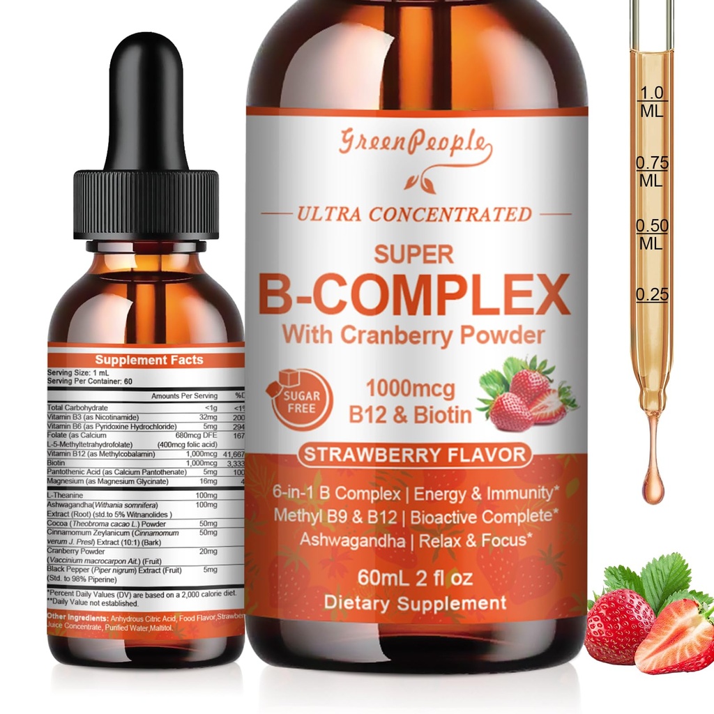 GREENPEOPLE Vitamin Methylated B Complex | Methyl B12 + L-Methyl Folate | Support Energy Metabolic, Immunity & Cognitive | 6 Super B Complex w/Mg, Ashwagandha & L‑Theanine for Women -Vegan, 2fl 2 Pack