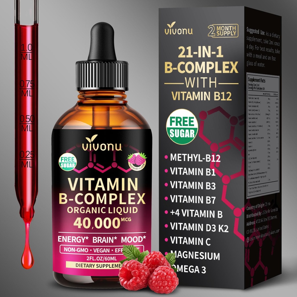 Vitamin B Complex Liquid Drops, Vitamin B12 (6000 mcg), B6, B1, B2, B3, B5, Biotin B7 and Methylfolate Support Energy, Raspberry Flavor, Natural Ingredient, Non GMO, B Complex Vitamins Supplements