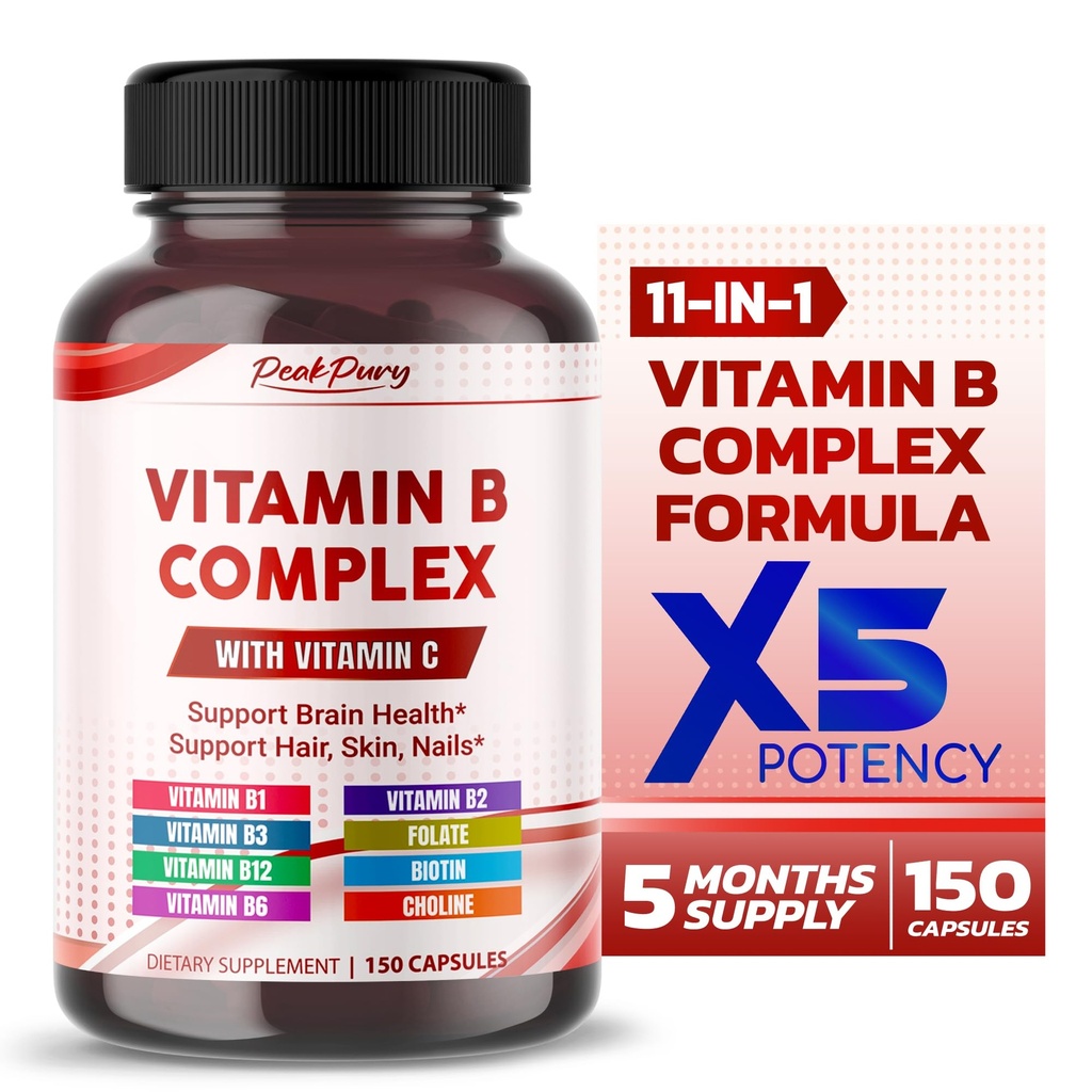 Ultra Vitamin B Complex with Vitamin C – Supports Brain Health & Promotes Healthy Hair, Skin, and Nails – High Potency B1, B2, B3, Folate, B12, Biotin, B5 & Choline
