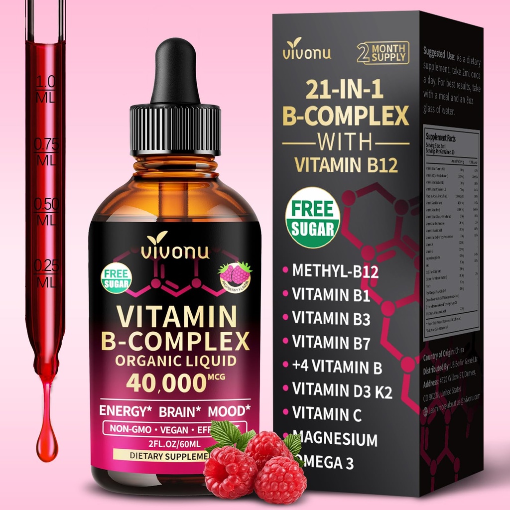 VivoNu Vitamin B Complex Liquid Drops, Vitamin B12 (6000 mcg), B6 B1, B2, B3, B5, and Methylfolate Support Energy, Raspberry Flavor, Natural Ingredient, Non GMO