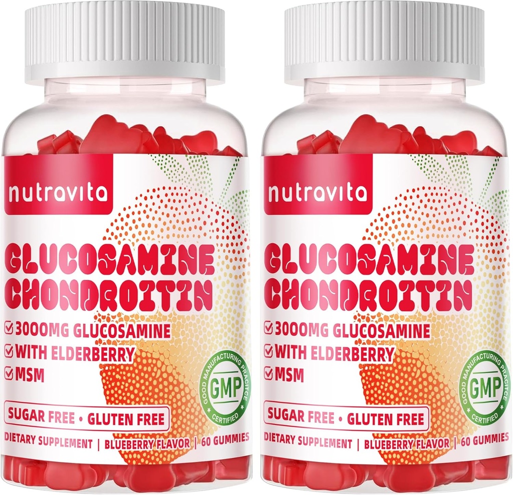 Nutravita Glucosamine Chondroitin Gummies MSM 및 Elderberry Extra Strength - 공동 지원, 성인, 남성 및 여성을위한 산화 면역 보조 면역 지원 보충교재. 120 딸기 Chews