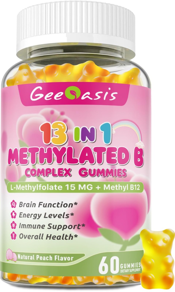 L-methylfolate for Kids Gummies, Methylated B Complex Chewable Supplement for Women, with Methylated B12, Zinc Citrate, Vitamin C, Choline, Theanine & Saffron, Energy, Stress, 5-MTHFR, 60 Ct